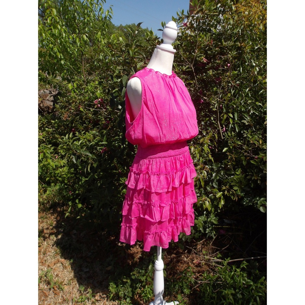Hot Pink Shimmer‎ Ruffle Tiered Mini Dress Smocked Waist Dress S/#26444